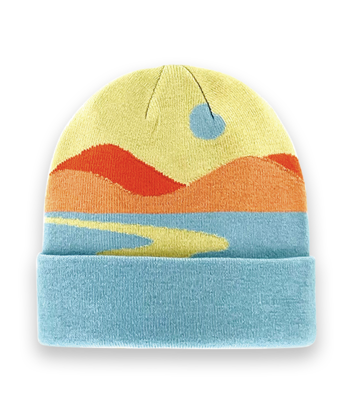 Abstract Sunset Pom Pom Knit Beanie – Warm Winter Hat with Scenic Landscape Design-NI60091