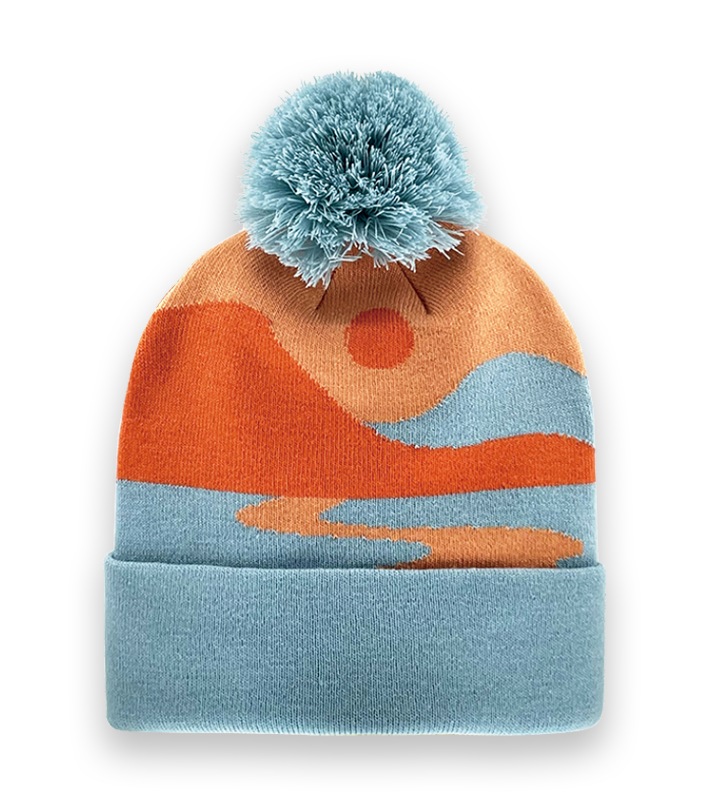 Abstract Sunset Pom Pom Knit Beanie – Warm Winter Hat with Scenic Landscape Design-NI60091