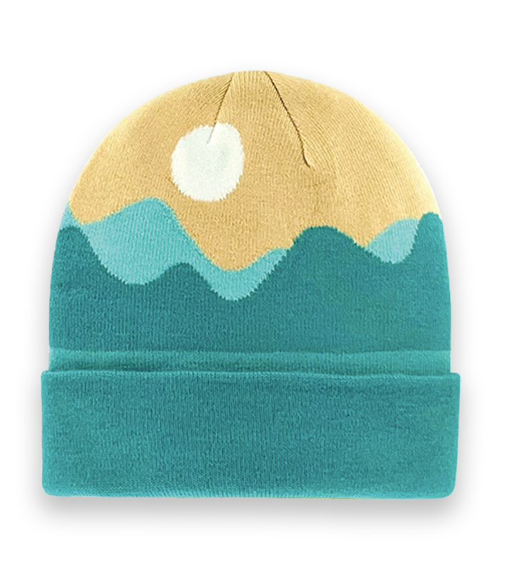 Abstract Mountain Sunrise Knit Beanie – Warm Blue Winter Hat with Scenic Landscape Design-NI60092