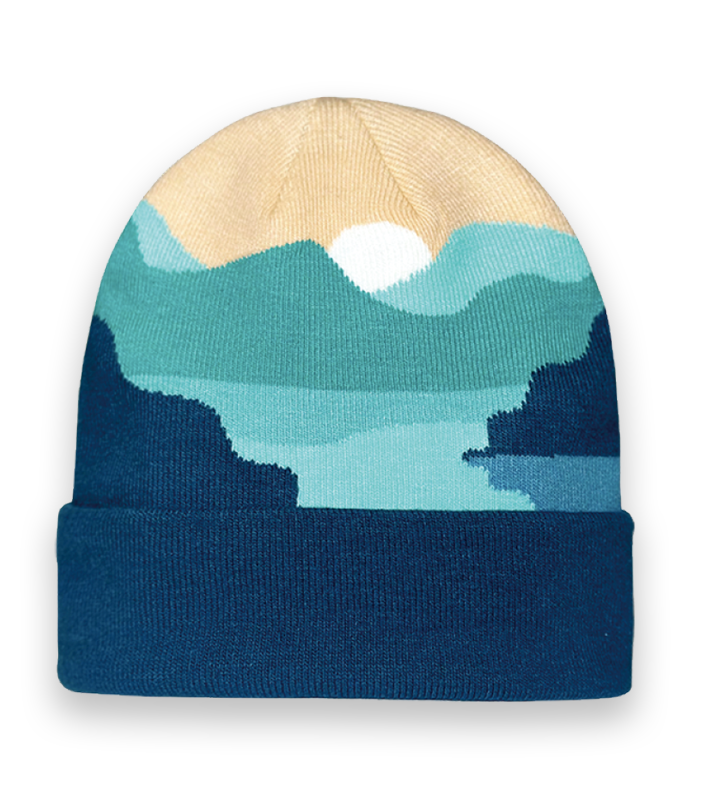 Abstract Mountain Sunrise Knit Beanie – Warm Blue Winter Hat with Scenic Landscape Design-NI60092