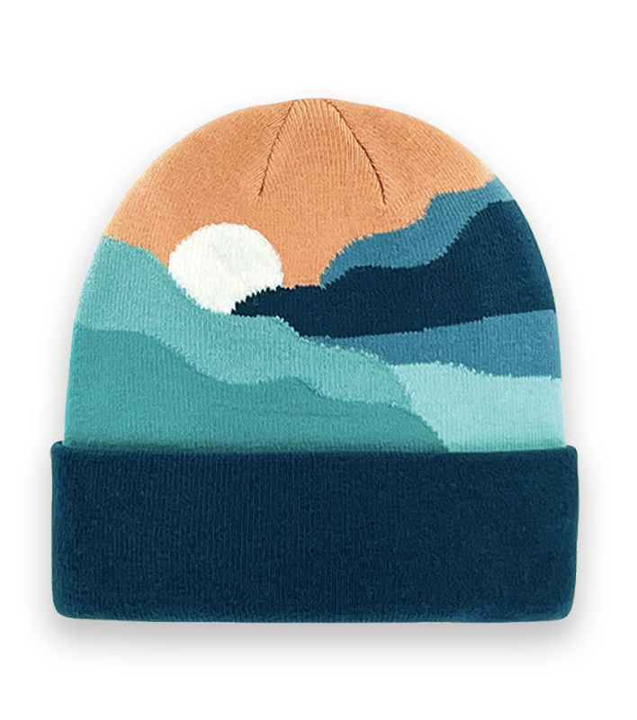 Abstract Mountain Sunrise Knit Beanie – Warm Blue Winter Hat with Scenic Landscape Design-NI60092