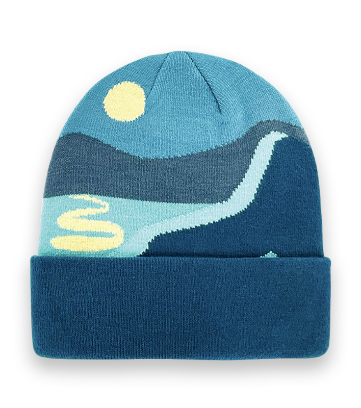 Abstract River Landscape Knit Beanie – Blue Warm Winter Hat with Nature Inspired Design-NI60093
