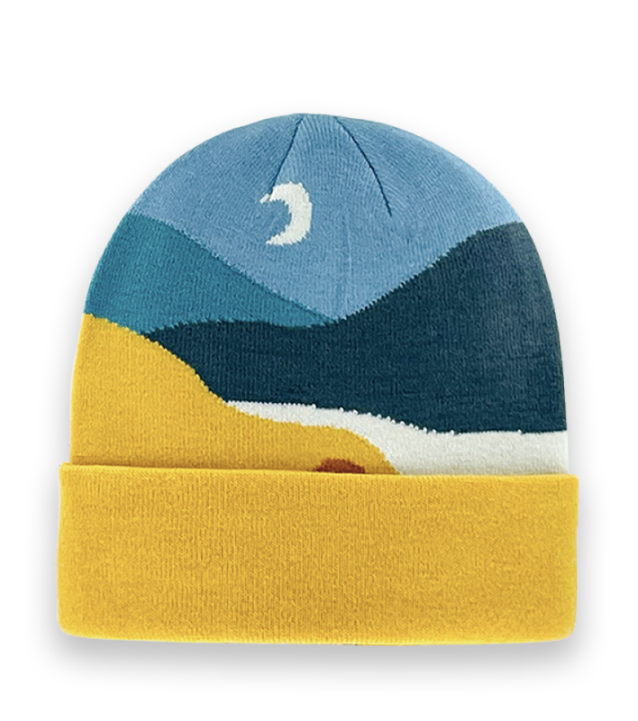 Abstract Mountain Landscape Knit Beanie with Pom Pom, Warm Winter Outdoor Hat-NI60094