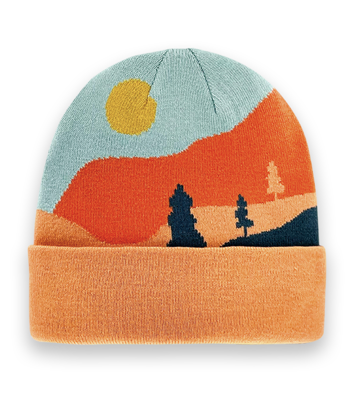 Sunset Mountain Landscape Knit Beanie, Unisex Warm Winter Hat for Hiking, Camping, Outdoor Style-NI60100