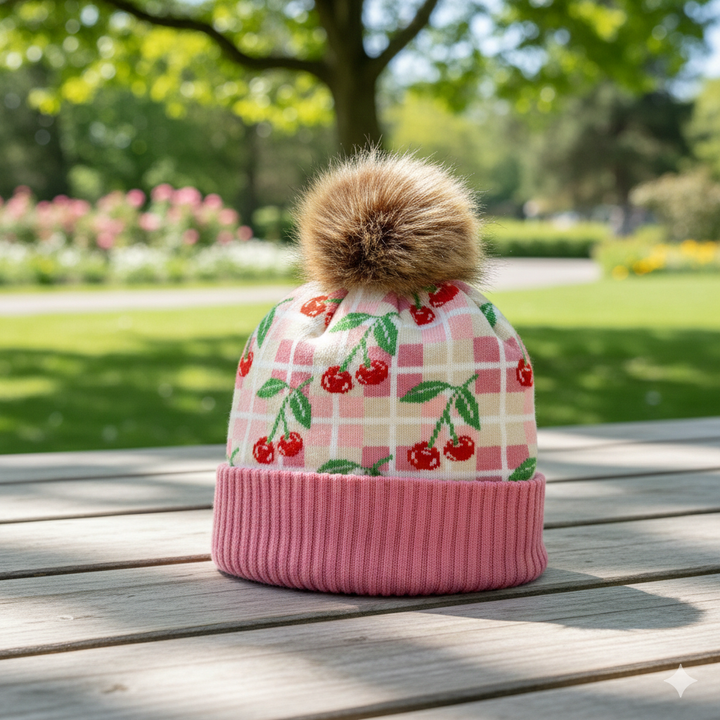 Kids Cherry Pattern Pom Knit Beanie Winter Hat