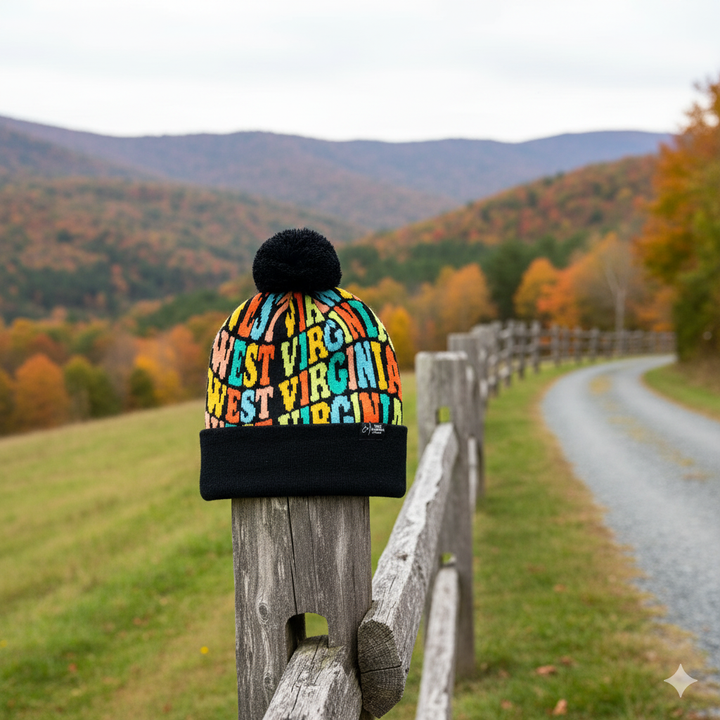 West Virginia Colorful Letter Knit Beanie – Retro Pom Pom Winter Hat with Bold Typography