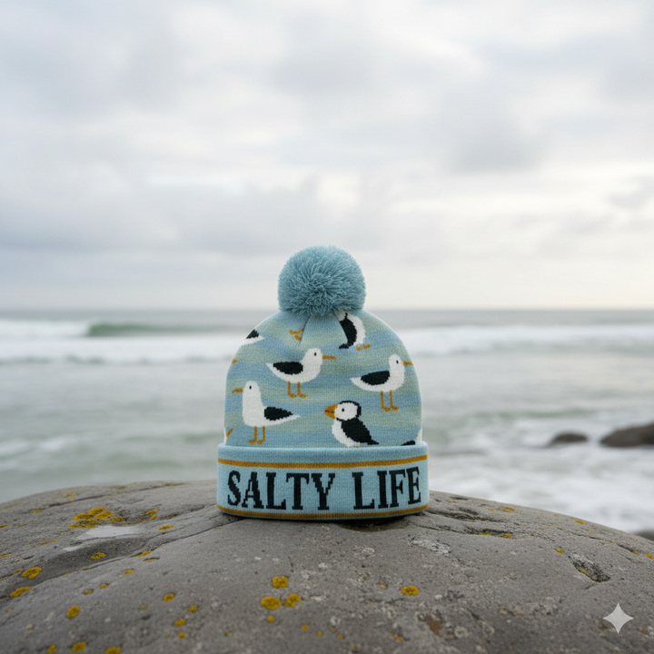 Salty Life Puffin & Seagull Knit Pom Pom Beanie – Coastal Ocean Winter Hat