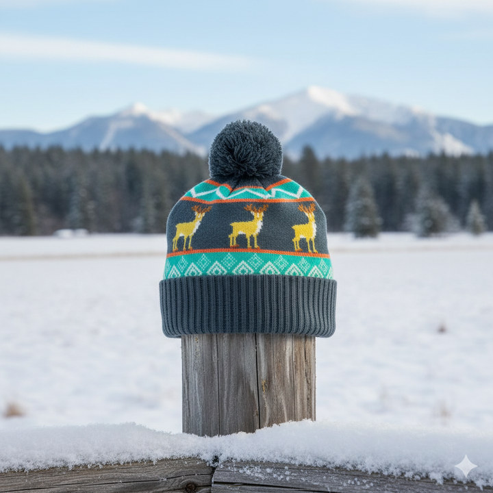 Deer Winter Knit Beanie with Nordic Pattern Cozy Pom Pom Hat