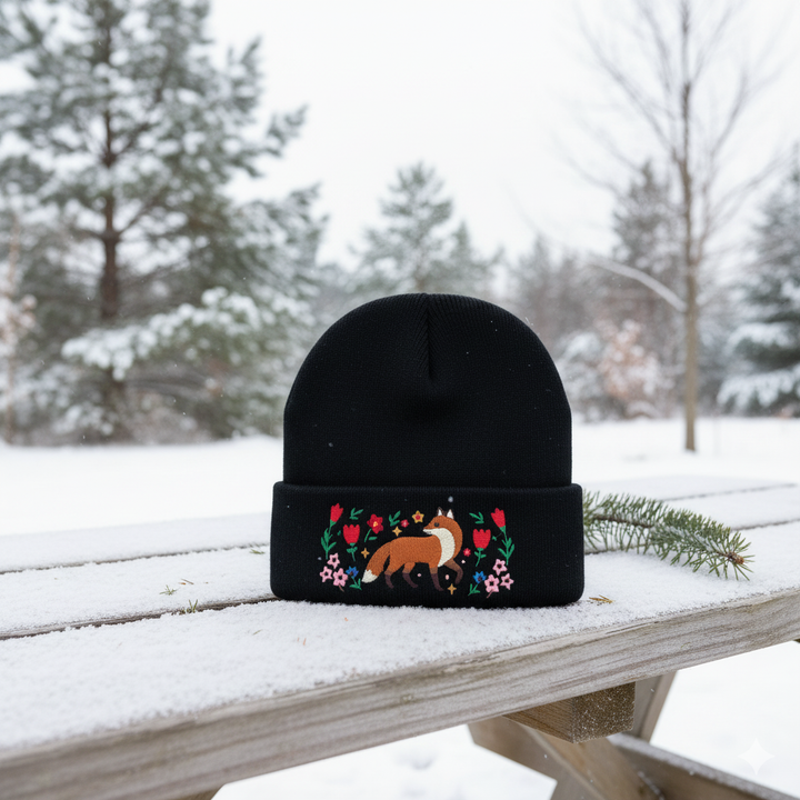 Fox Garden Embroidered Beanie – Cozy Knit Winter Hat with Woodland Floral Design