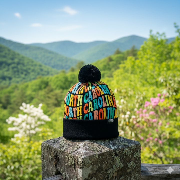 North Carolina Colorful Letter Knit Beanie – Retro Pom Pom Winter Hat with Bold Typography