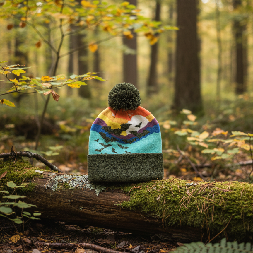 Kid Bat Beanie Hat with Pom Pom Mountain Sunset Knit Cap