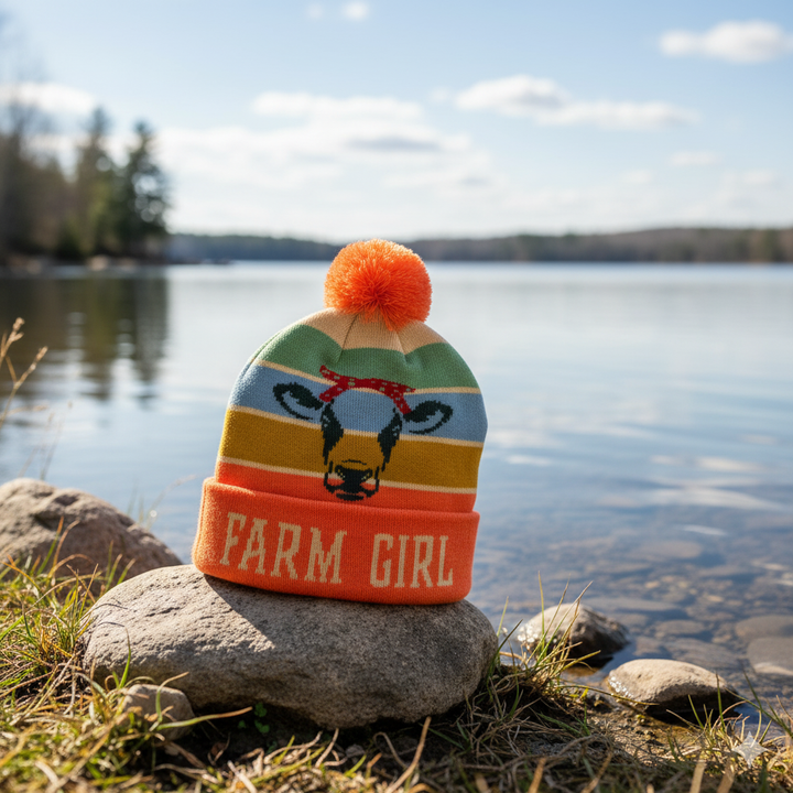 Farm Girl Cow Knit Pom Pom Beanie – Country Style Winter Hat