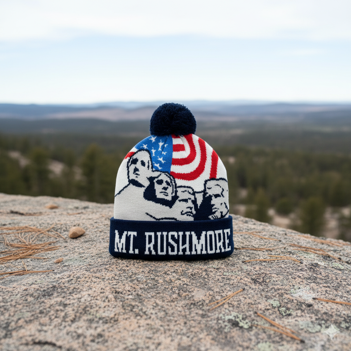 Mt. Rushmore American Flag Knit Pom Pom Beanie – South Dakota Winter Hat