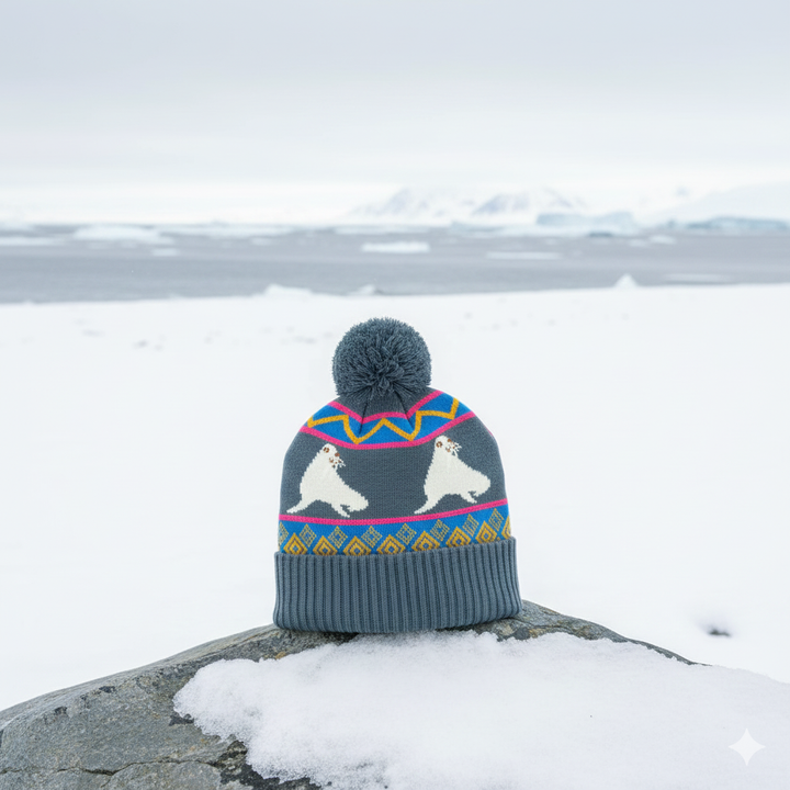 Walrus Winter Knit Beanie with Nordic Pattern Cozy Pom Pom Hat