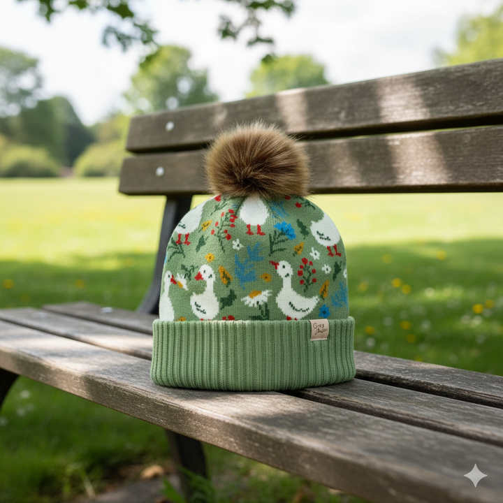 Kids Goose Pattern Pom Knit Beanie Cozy Winter Gift