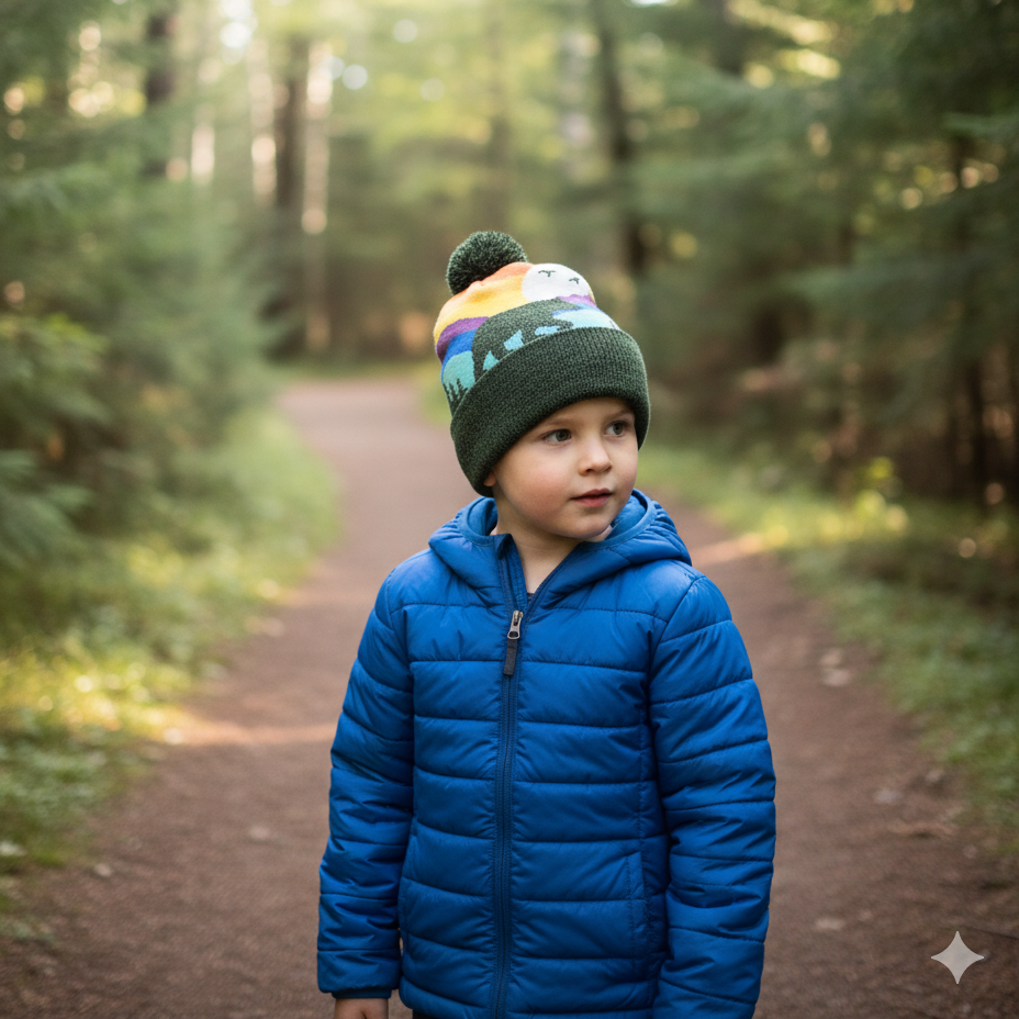 Bear Mountain Sunset Kids Beanie Hat with Pom Pom Winter Warm Knit Cap