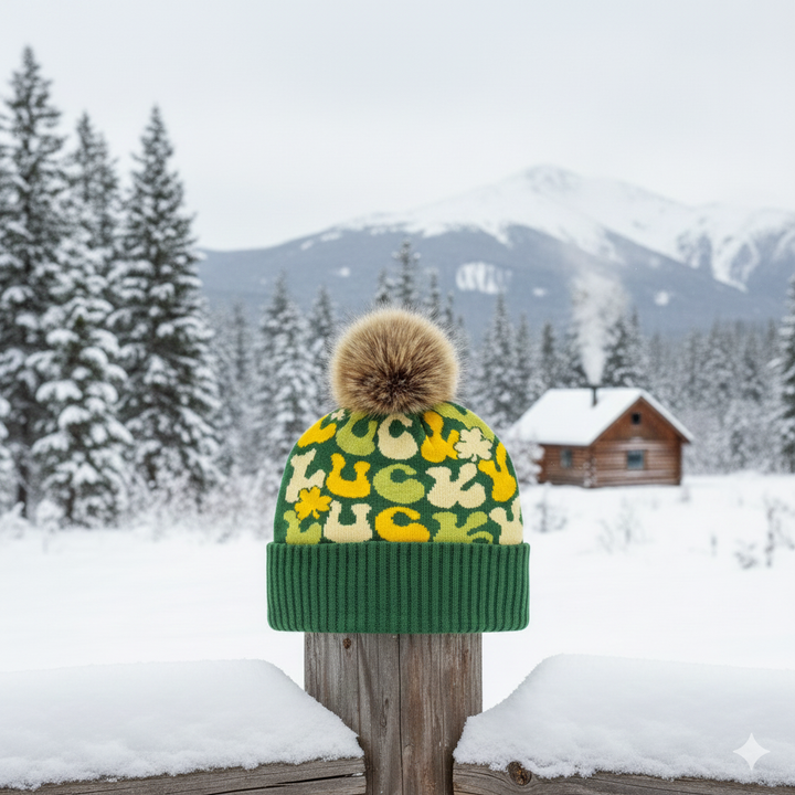 Lucky Letter Knit Beanie with Shamrock Pattern Cozy Pom Pom Hat