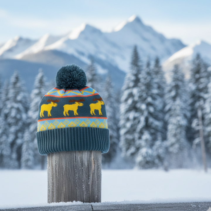 Moose Folk Pattern Knit Beanie with Colorful Nordic Design
