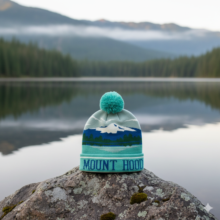 Mount Hood Mountain View Knit Pom Pom Beanie – Oregon Nature Winter Hat