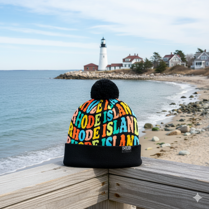 Rhode Island Colorful Letter Knit Beanie – Retro Pom Pom Winter Hat with Bold Typography