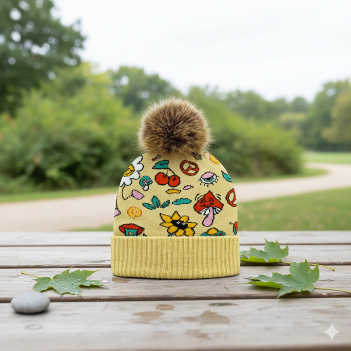 Yellow Knit Pom Beanie – Retro Floral Mushroom Pattern Warm Winter Hat