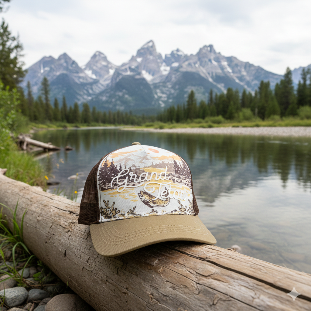 Grand Teton Scenic Baseball Cap with Mountain River Wildlife Trucker Hat
