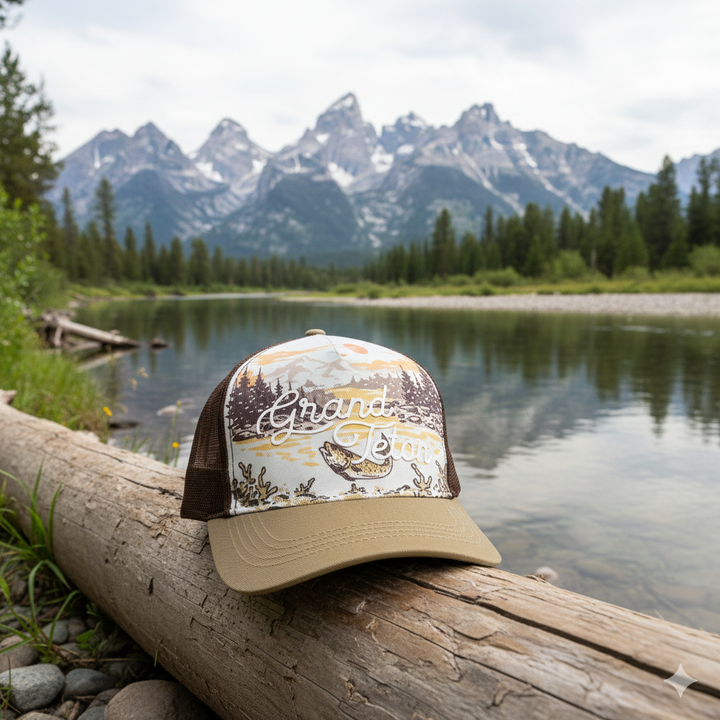 Grand Teton Scenic Baseball Cap with Mountain River Wildlife Trucker Hat