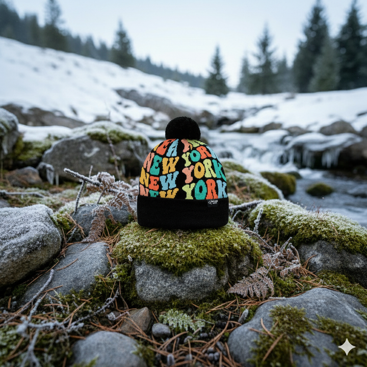 NEW YORK Colorful Knit Pom Pom Beanie - Retro Winter Hat