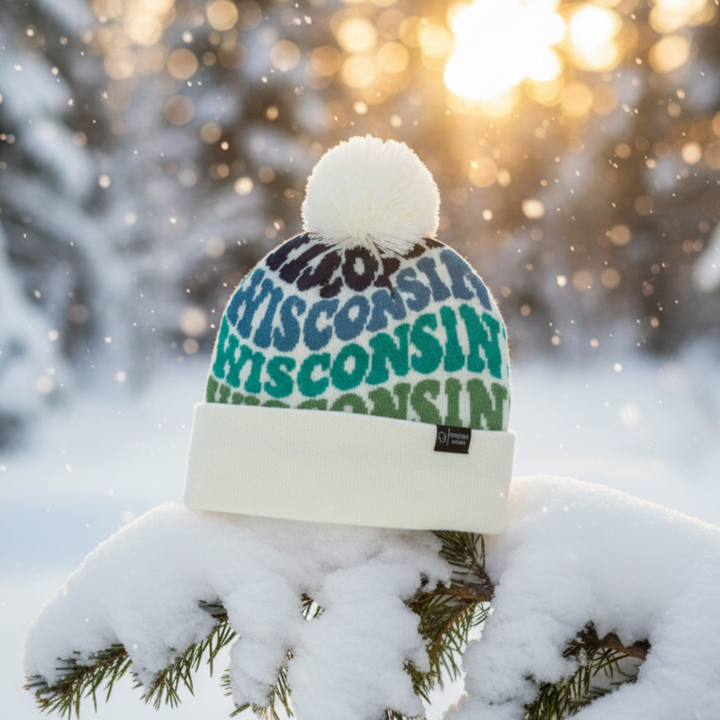Wisconsin Colorful Letter Beanie Winter Knit Hat with Pom Pom for Cold Weather