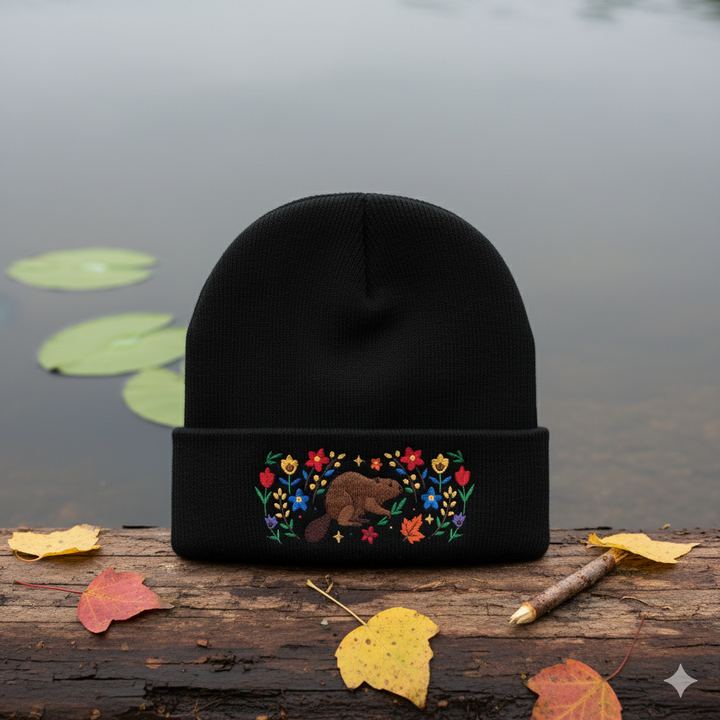Beaver Floral Embroidered Beanie – Cozy Knit Winter Hat with Canadian Nature Design