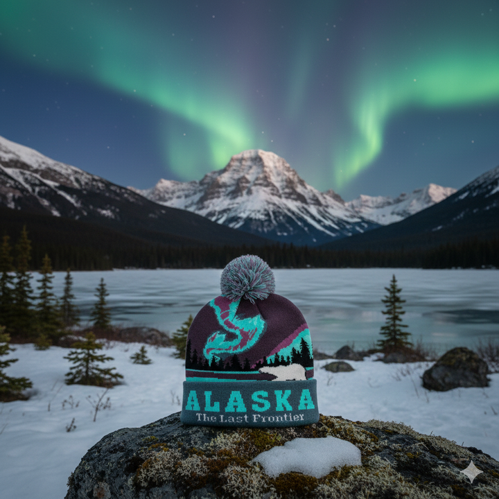 Alaska Northern Lights Polar Bear Knit Beanie with Arctic Scenery