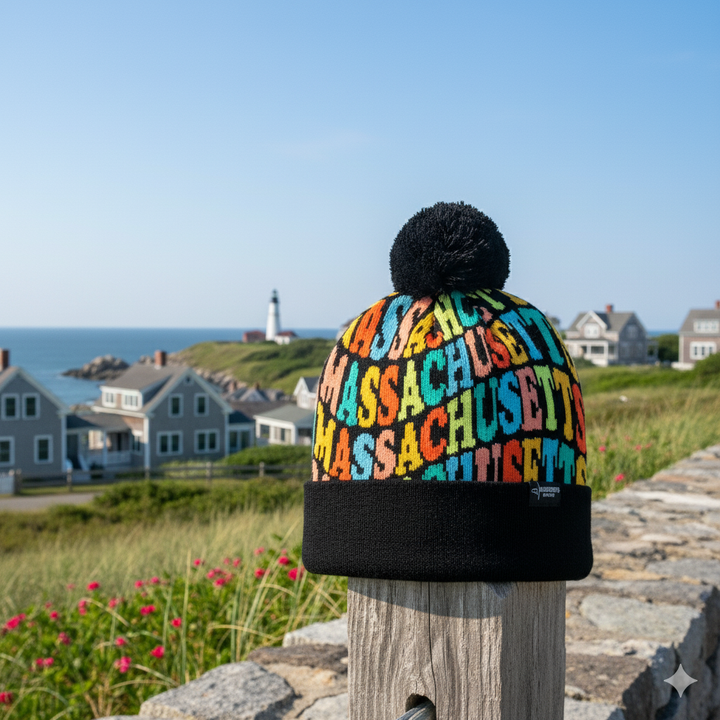 Massachusetts Colorful Letter Knit Beanie – Retro Pom Pom Winter Hat with Bold Typography