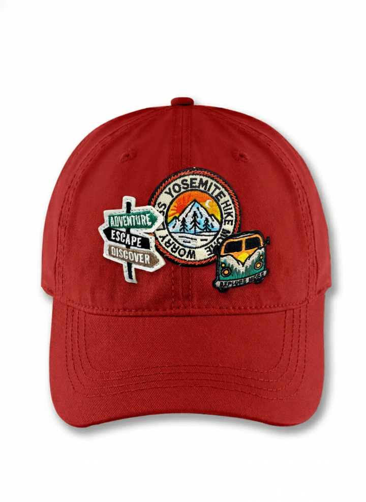 Yosemite Hike Patch Baseball Cap with Adventure Sign and Camper Van Icons