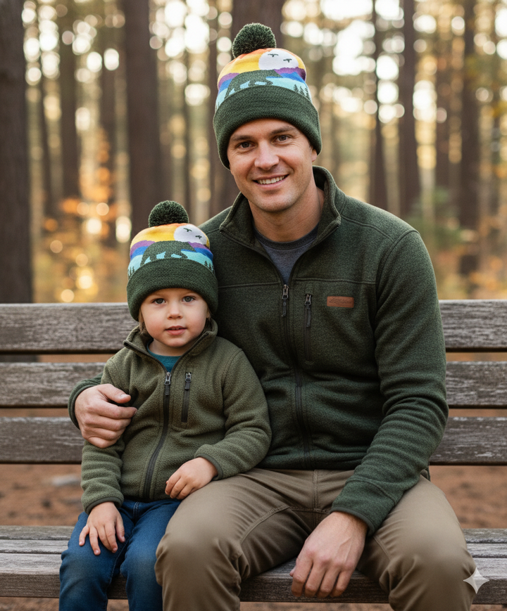 Bear Mountain Sunset Kids Beanie Hat with Pom Pom Winter Warm Knit Cap