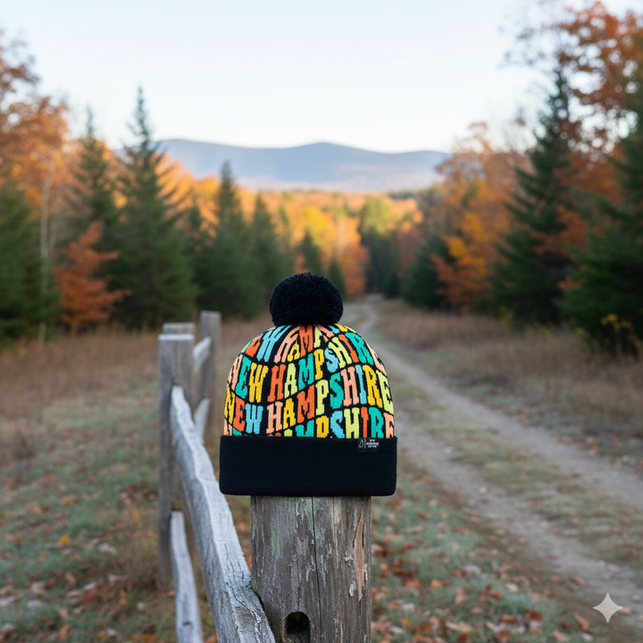 New Hampshire Colorful Letter Knit Beanie – Retro Pom Pom Winter Hat with Bold Typography