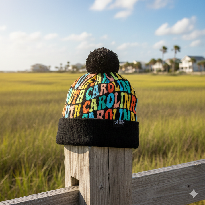 South Carolina Colorful Letter Knit Beanie – Retro Pom Pom Winter Hat with Bold Typography