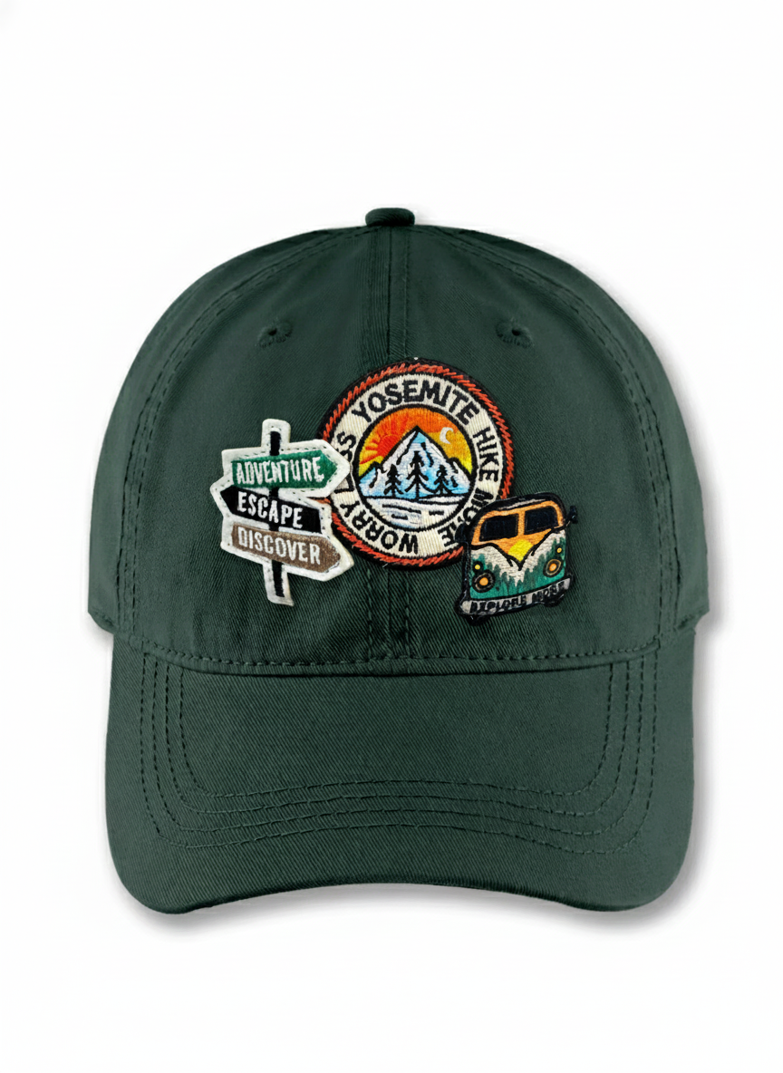Yosemite Hike Patch Baseball Cap with Adventure Sign and Camper Van Icons