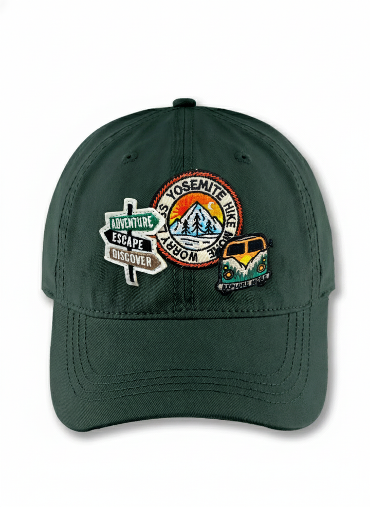 Yosemite Hike Patch Baseball Cap with Adventure Sign and Camper Van Icons