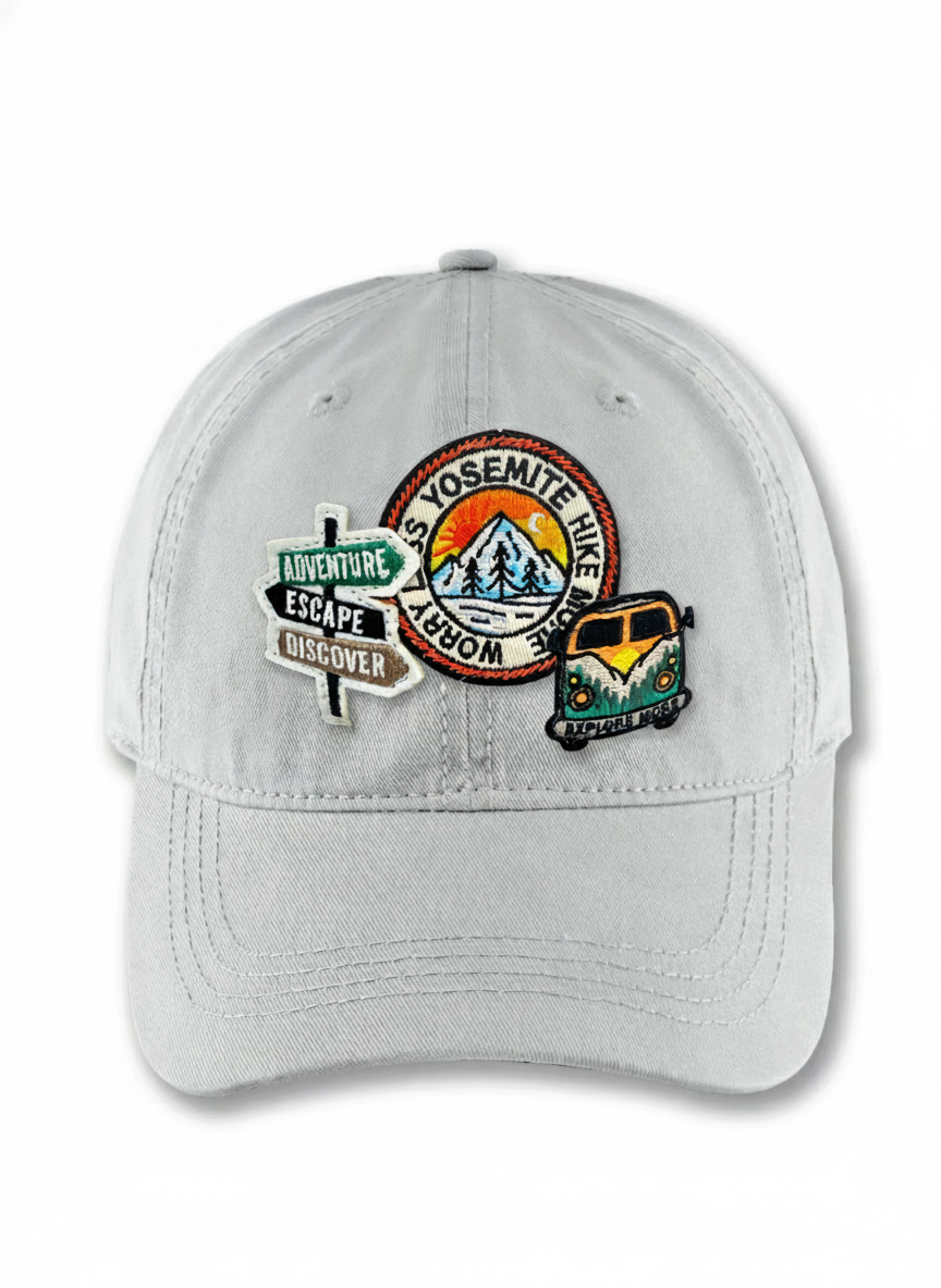 Yosemite Hike Patch Baseball Cap with Adventure Sign and Camper Van Icons