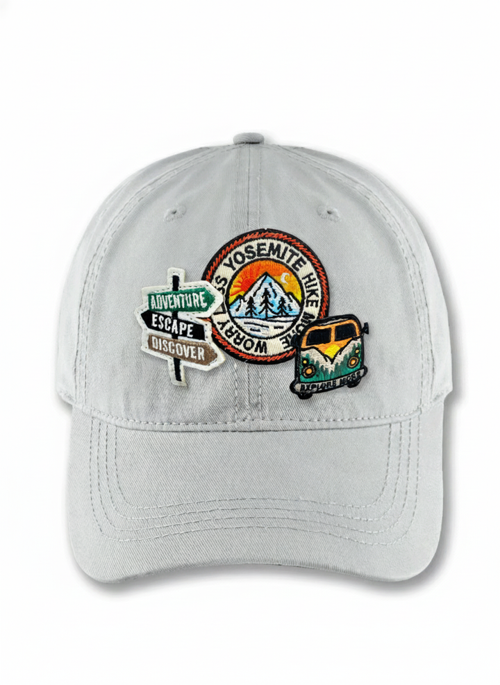 Yosemite Hike Patch Baseball Cap with Adventure Sign and Camper Van Icons