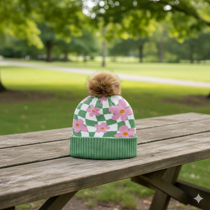 Green Knit Pom Beanie – Retro Pink Flower Checkerboard Pattern Warm Winter Hat