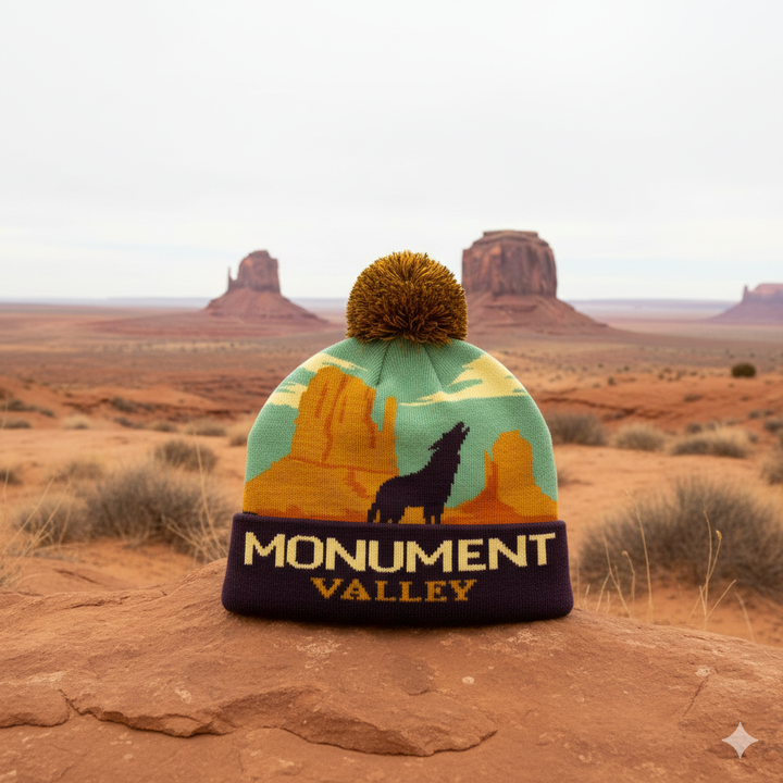 Monument Valley Desert Landscape Knit Beanie with Howling Wolf