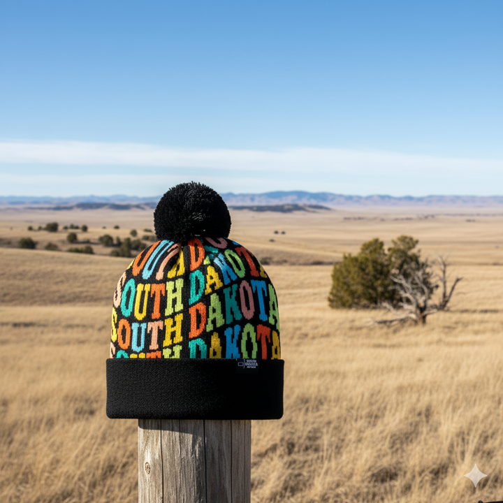 South Dakota Colorful Letter Knit Beanie – Retro Pom Pom Winter Hat with Bold Typography
