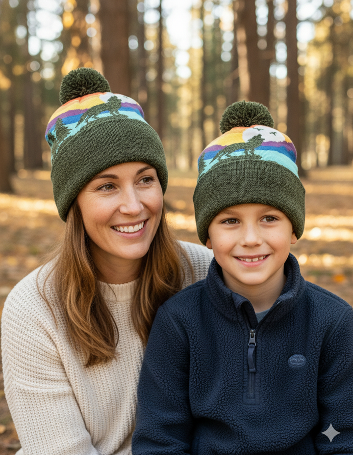 Kid Wolf Beanie Hat with Pom Pom Mountain Sunset Knit Cap