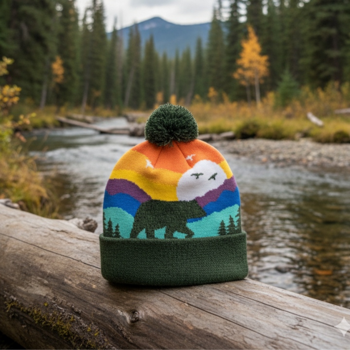 Bear Mountain Sunset Kids Beanie Hat with Pom Pom Winter Warm Knit Cap