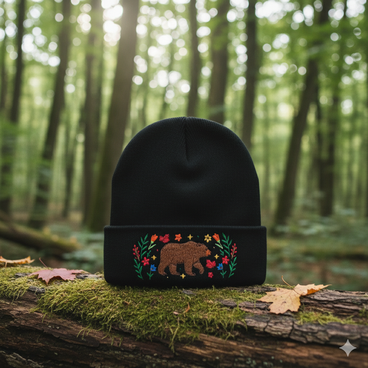 Bear Forest Embroidered Beanie – Cozy Knit Winter Hat with Wildflower Nature Design