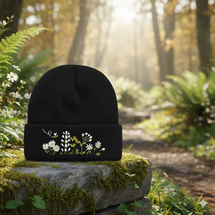 Daisy Bee Embroidered Beanie | Wildflower Garden Knit Hat