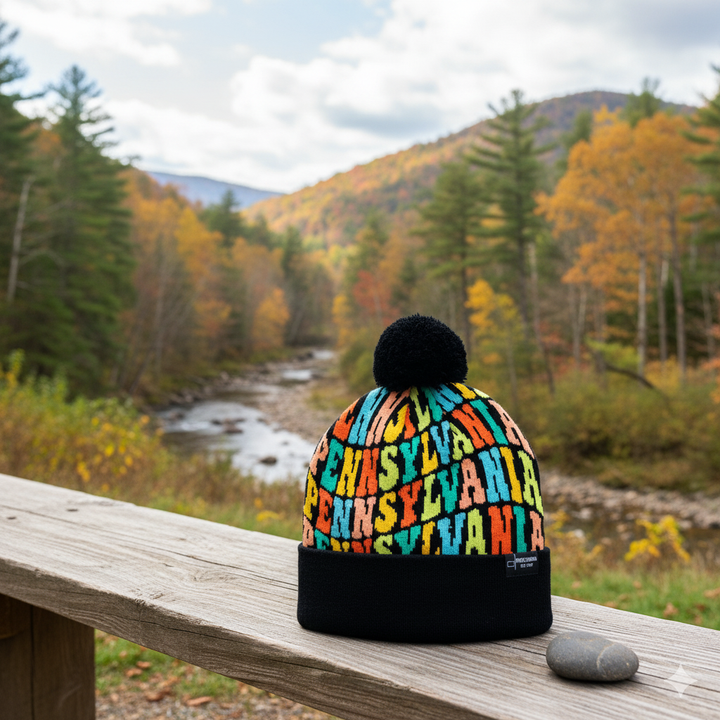 Pennsylvania Colorful Letter Knit Beanie – Retro Pom Pom Winter Hat with Bold Typography