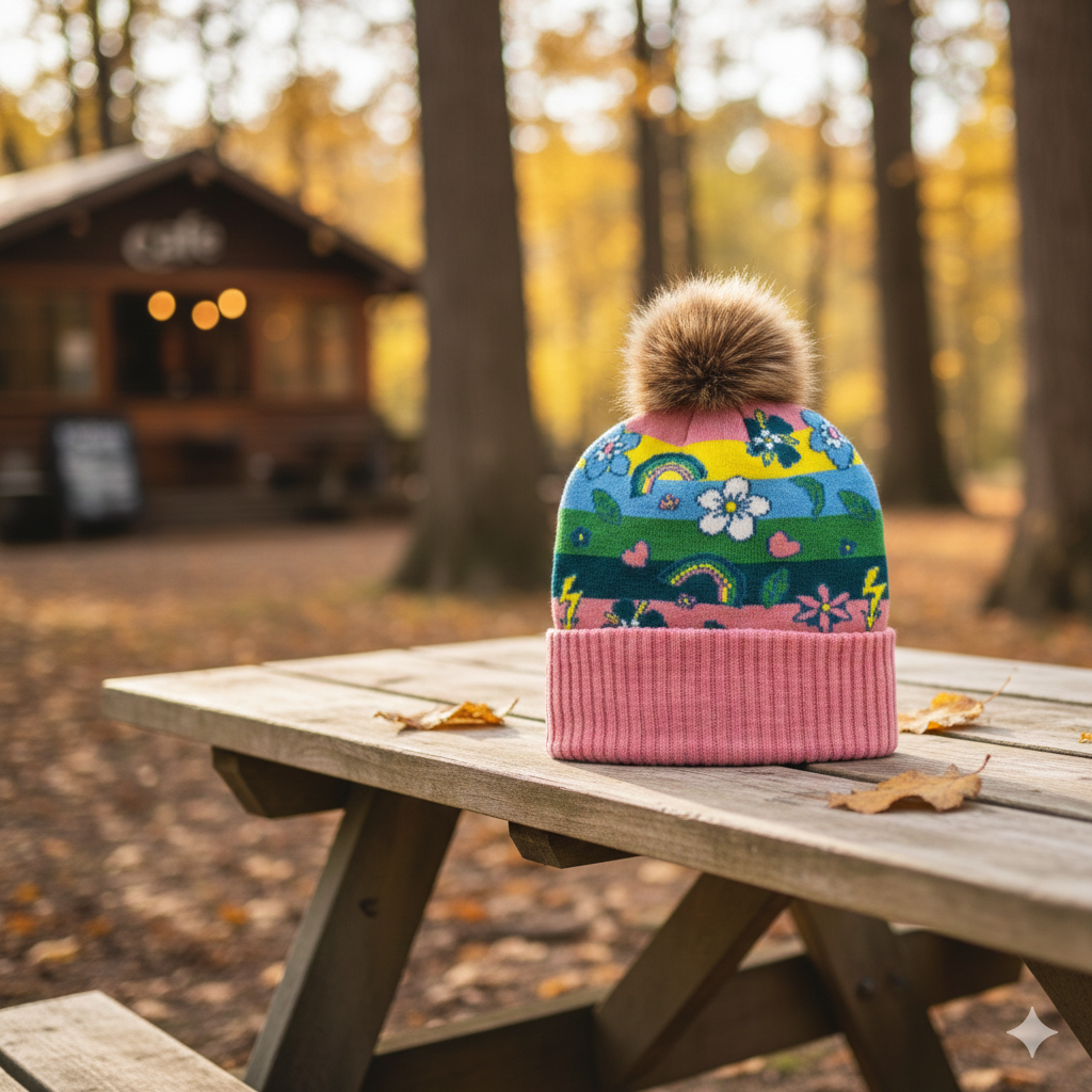 Kids Rainbow Flower Pattern Pom Knit Beanie Winter Hat