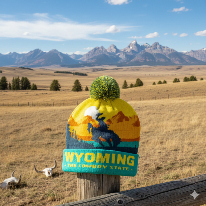 Wyoming Cowboy State Sunset Knit Beanie with Western Scenery
